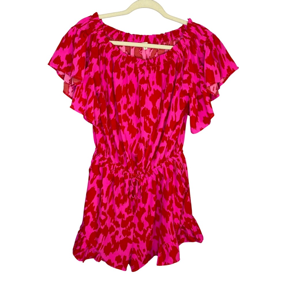 Jodifl Pink Red Abstract Leopard Print Off Shoulder Flutter Sleeve Romper S